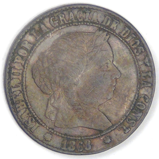 SPAIN - Kingdom, Isabel II, 1868 OM, 2½ Centesimos, Choice Very Fine / VF