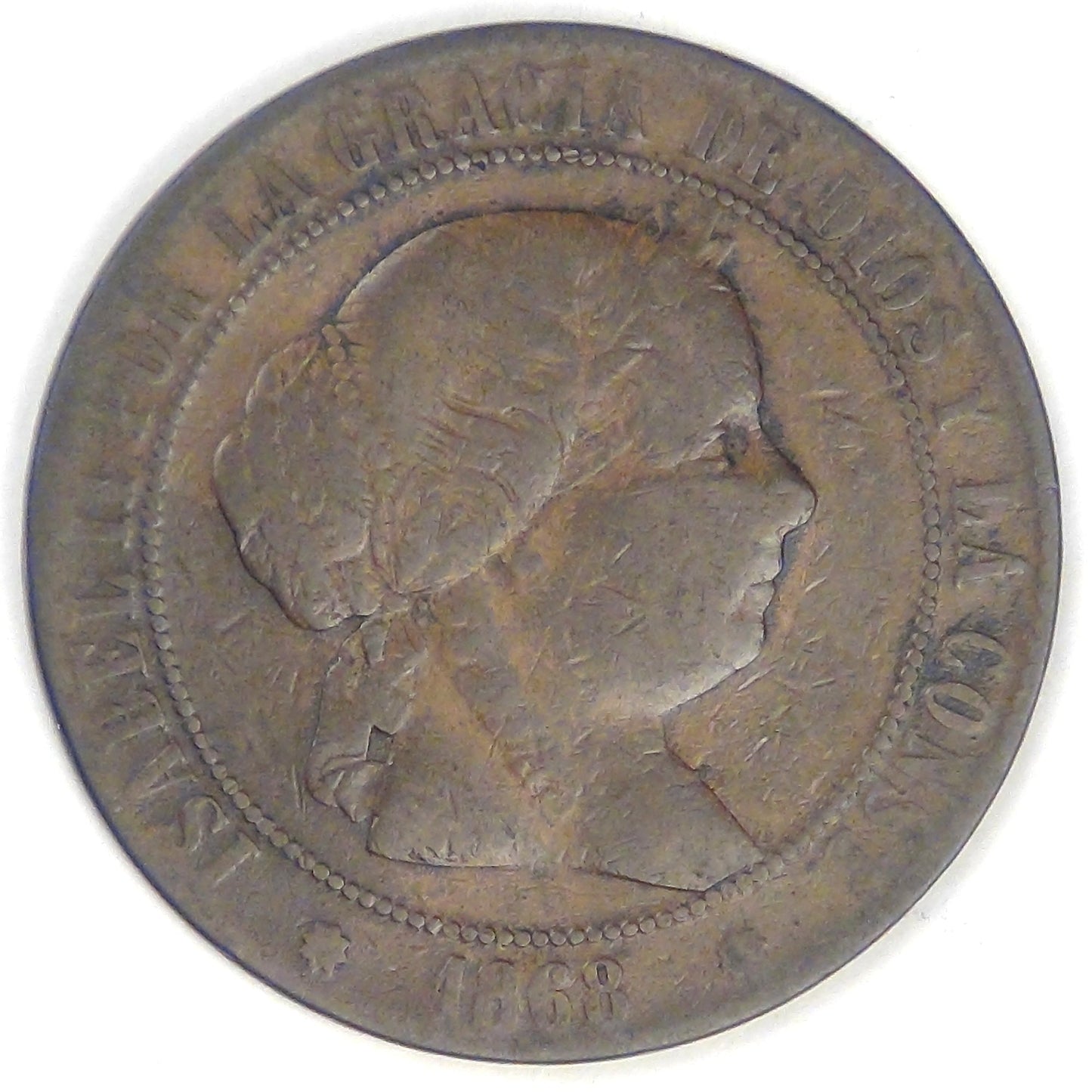 SPAIN - Kingdom, Isabel II, 1868 OM, 5 Centimos de Real, Fine