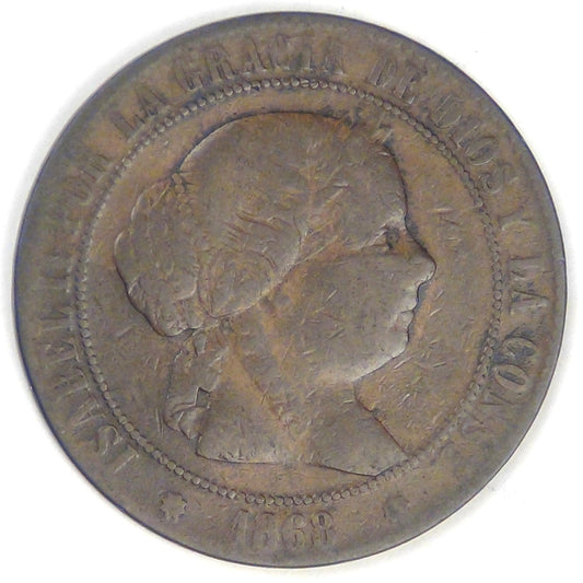 SPAIN - Kingdom, Isabel II, 1868 OM, 5 Centimos de Real, Fine