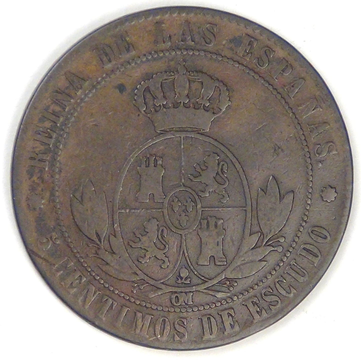 SPAIN - Kingdom, Isabel II, 1868 OM, 5 Centimos de Real, Fine