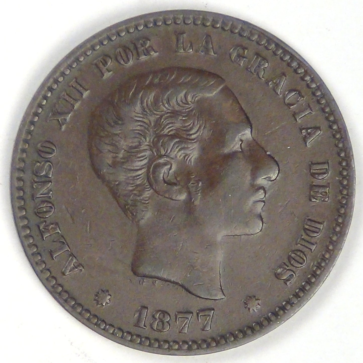 SPAIN - Kingdom, Alfonso XII, 1877 OM, 5 Centesimos, Choice Very Fine