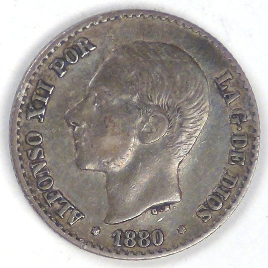 SPAIN - Kingdom, Alfonso XII, 1880 (80) MS-M, 50 Centesimos, Very Fine
