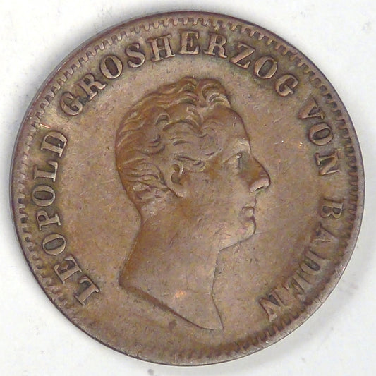 GERMANY - Baden, Leopold I, 1844 Kreuzer, Very Fine +