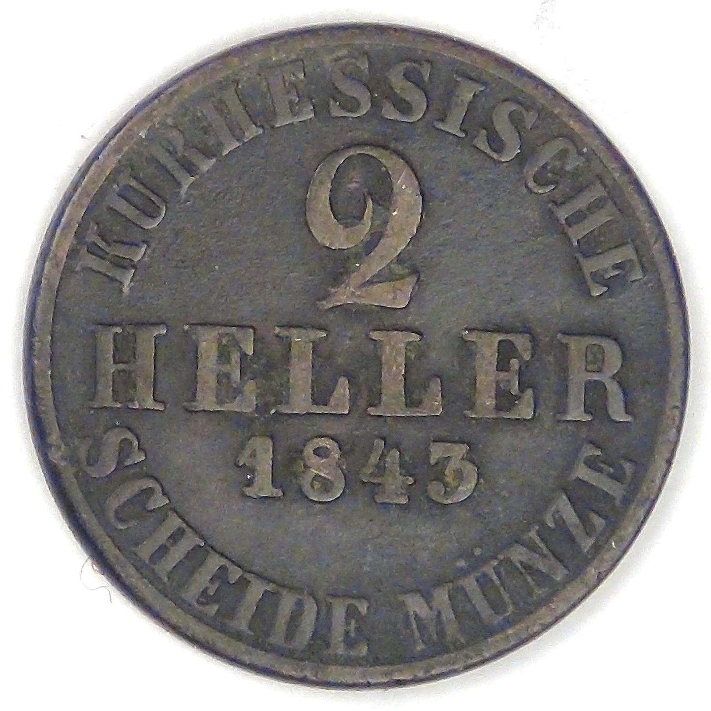 GERMANY - Hesse-Cassel, Wilhelm II and Friedrich Wilhelm, 1843, 2 Heller, Fine