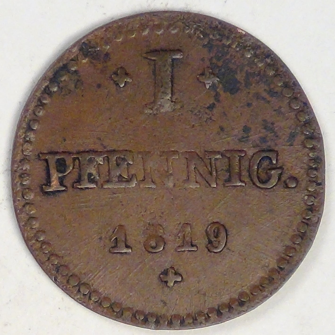 GERMANY - Hesse-Darmstadt, Ludwig I, 1819 Pfennig, Very Fine
