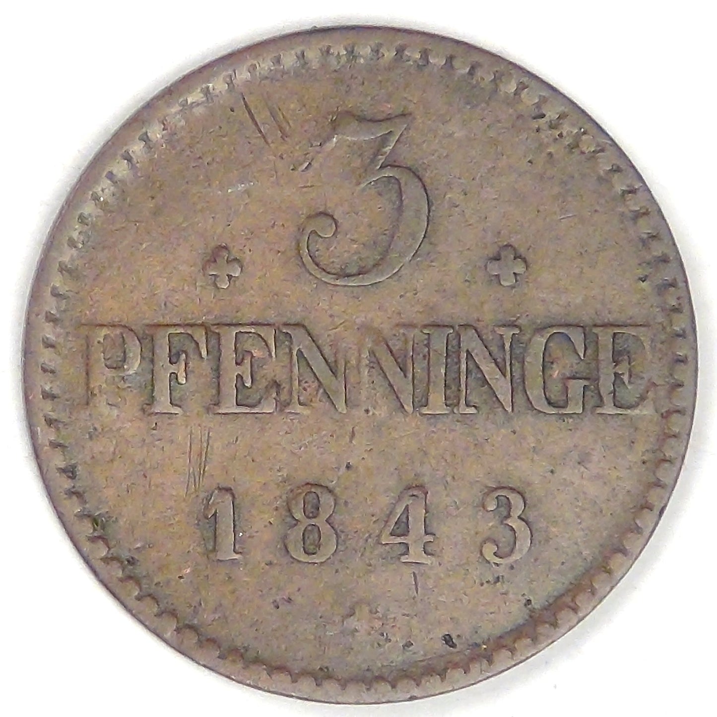 GERMANY - Mecklenburg-Schwerin, Friedrich Franz II, 1843, 3 Pfennig, Fine