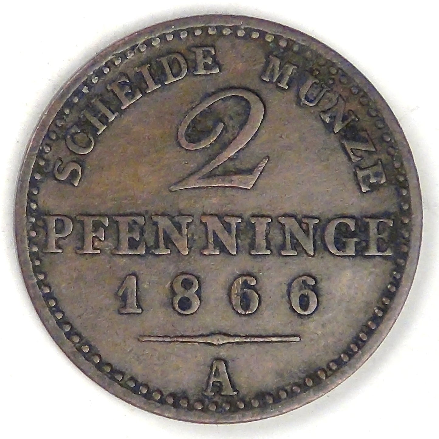GERMANY - Prussia, Wilhelm I, 1866 A, 2 Pfennige, Choice Very Fine