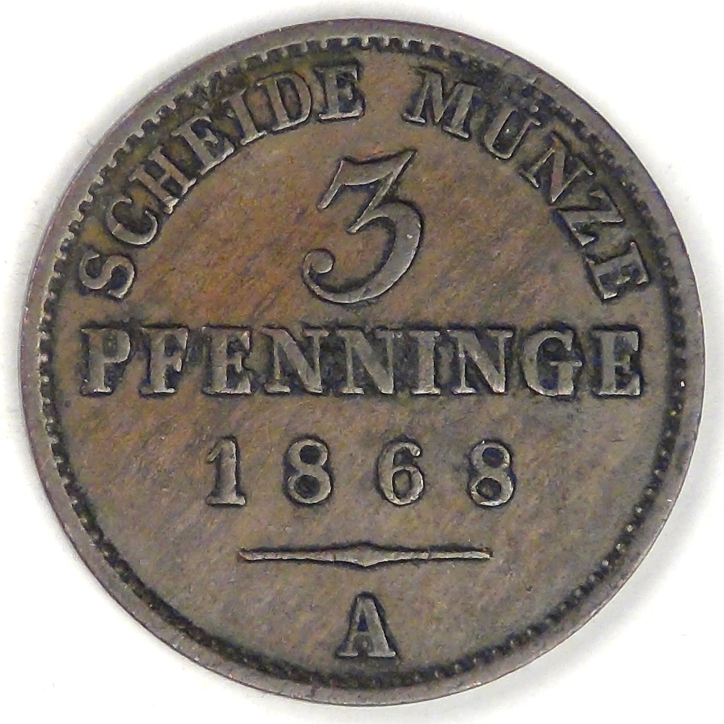 GERMANY - Prussia, Wilhelm I, 1868 A, 3 Pfennige, Very Fine +