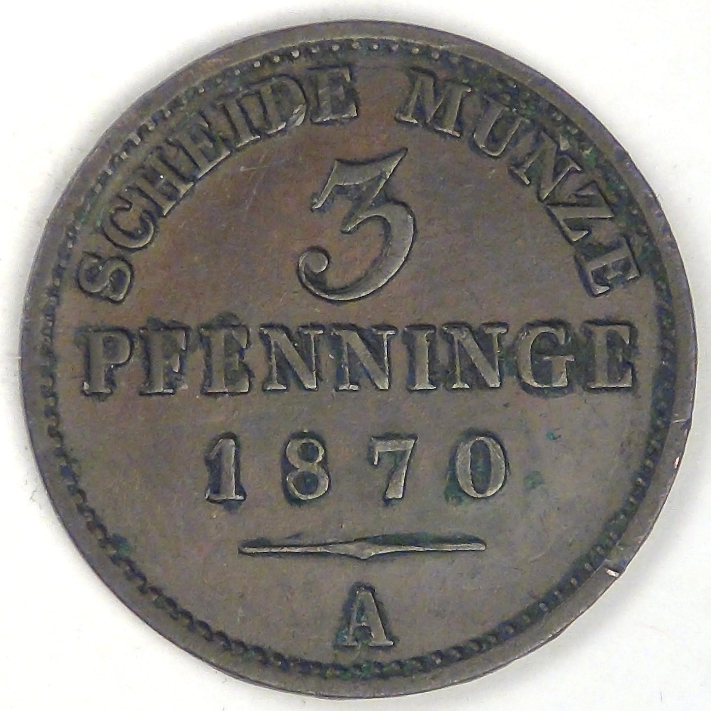 GERMANY - Prussia, Wilhelm I, 1870 A, 3 Pfennige, Very Fine +