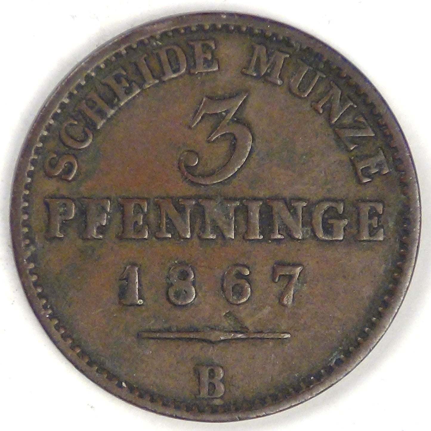 GERMANY - Prussia, Wilhelm I, 1867 B, 3 Pfennige, Very Fine