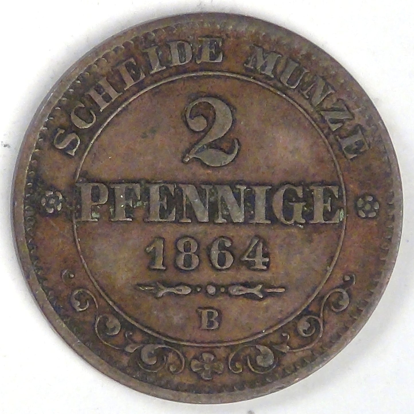 GERMANY - Kingdom of Saxony, Johann I, 1864 B, 2 Pfennige, Choice VF