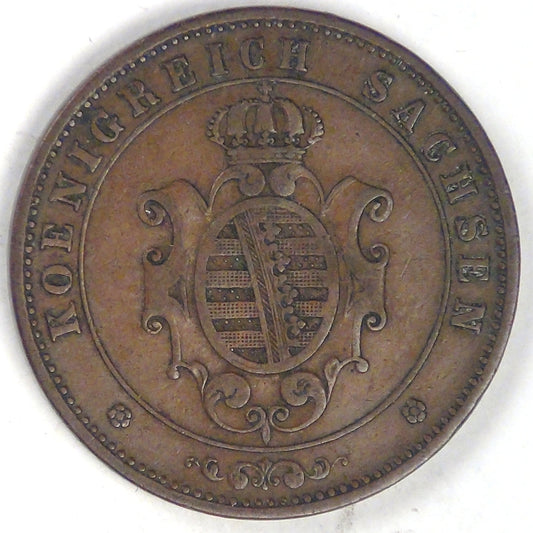 GERMANY - Kingdom of Saxony, Johann I, 1862 B, 5 Pfennige, Very Fine