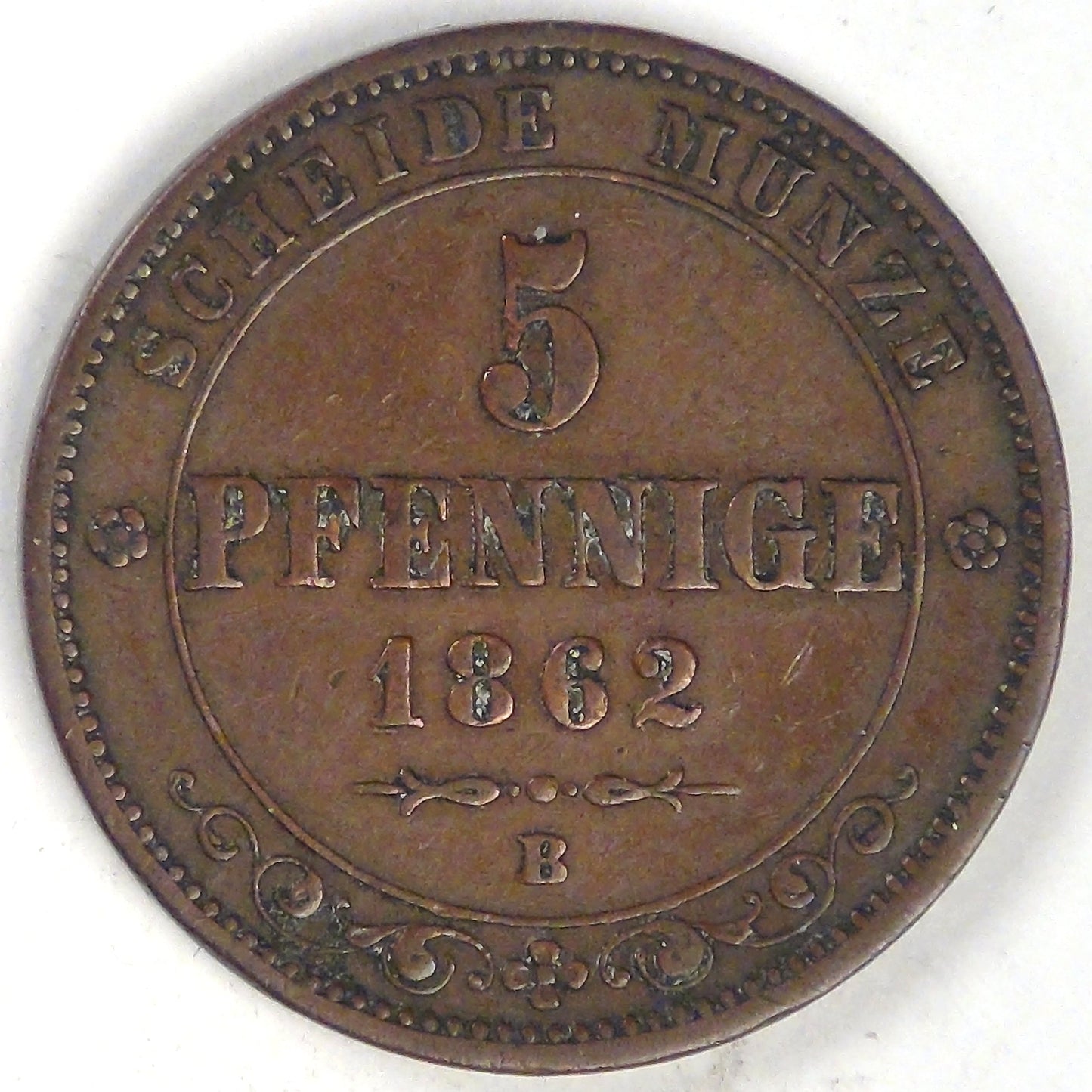 GERMANY - Kingdom of Saxony, Johann I, 1862 B, 5 Pfennige, Very Fine