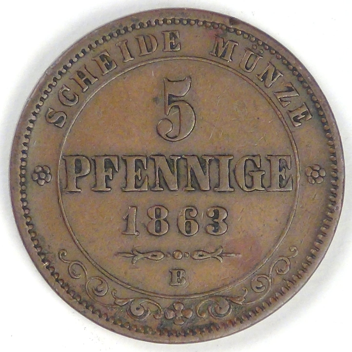 GERMANY - Kingdom of Saxony, Johann I, 1863 B, 5 Pfennige, Choice Very Fine