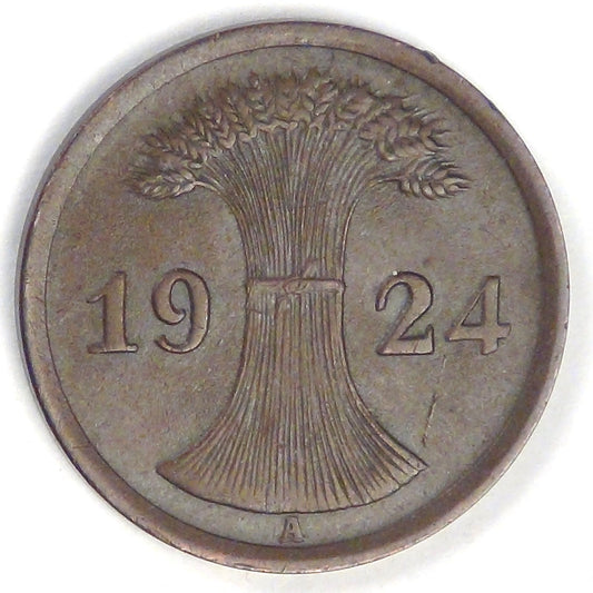 GERMANY - Weimar Republic, 1924 A, 2 Reichspfennig, Choice AU BN