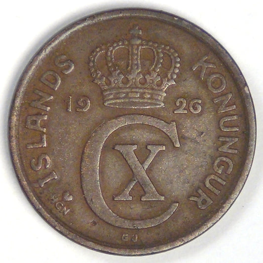 ICELAND - Kingdom, Christian X, 1926 HCN ❤GJ, 5 Aurar, Very Fine