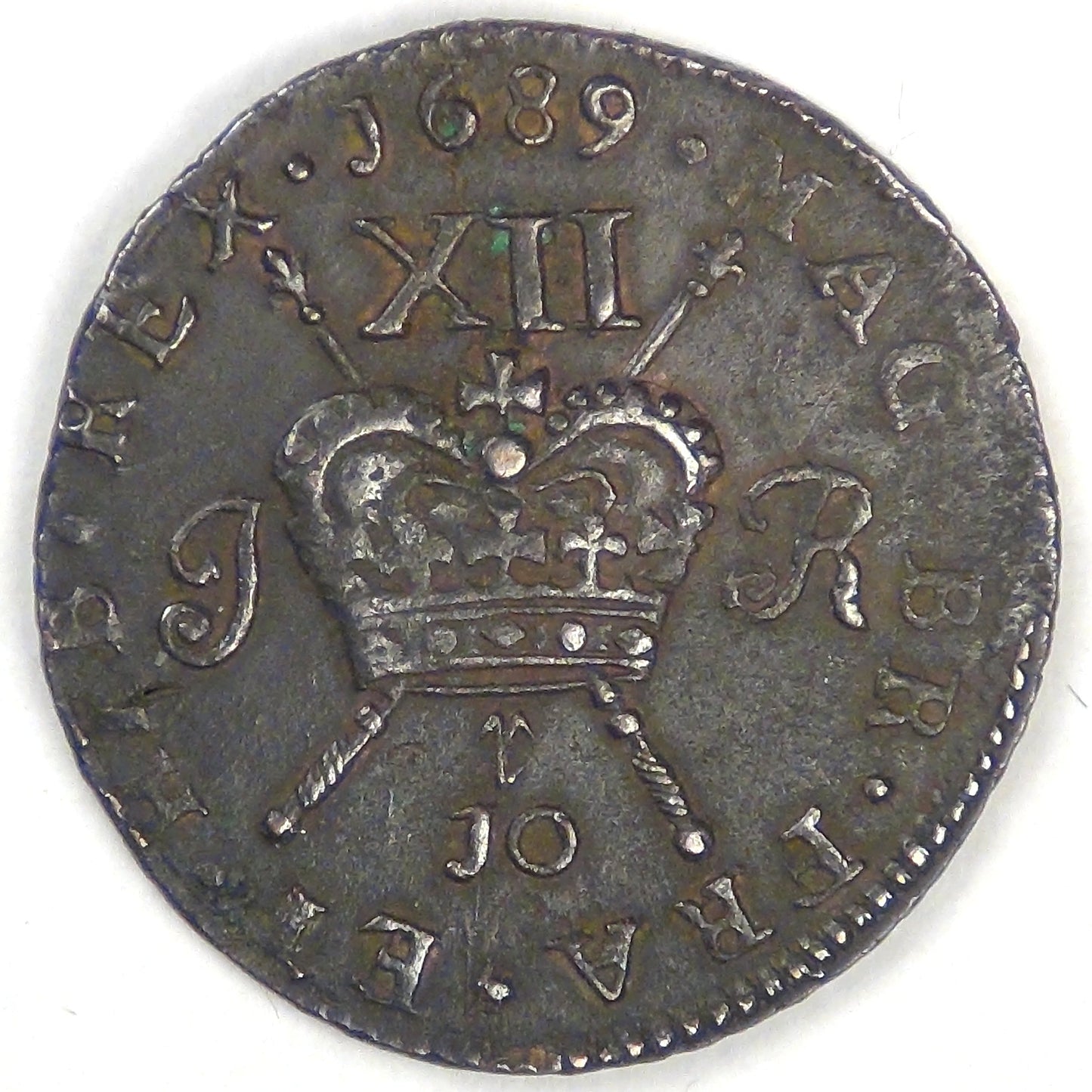 IRELAND - United Kingdom, James II, Gun Money Coinage, 1689 10r, Shilling, EF details