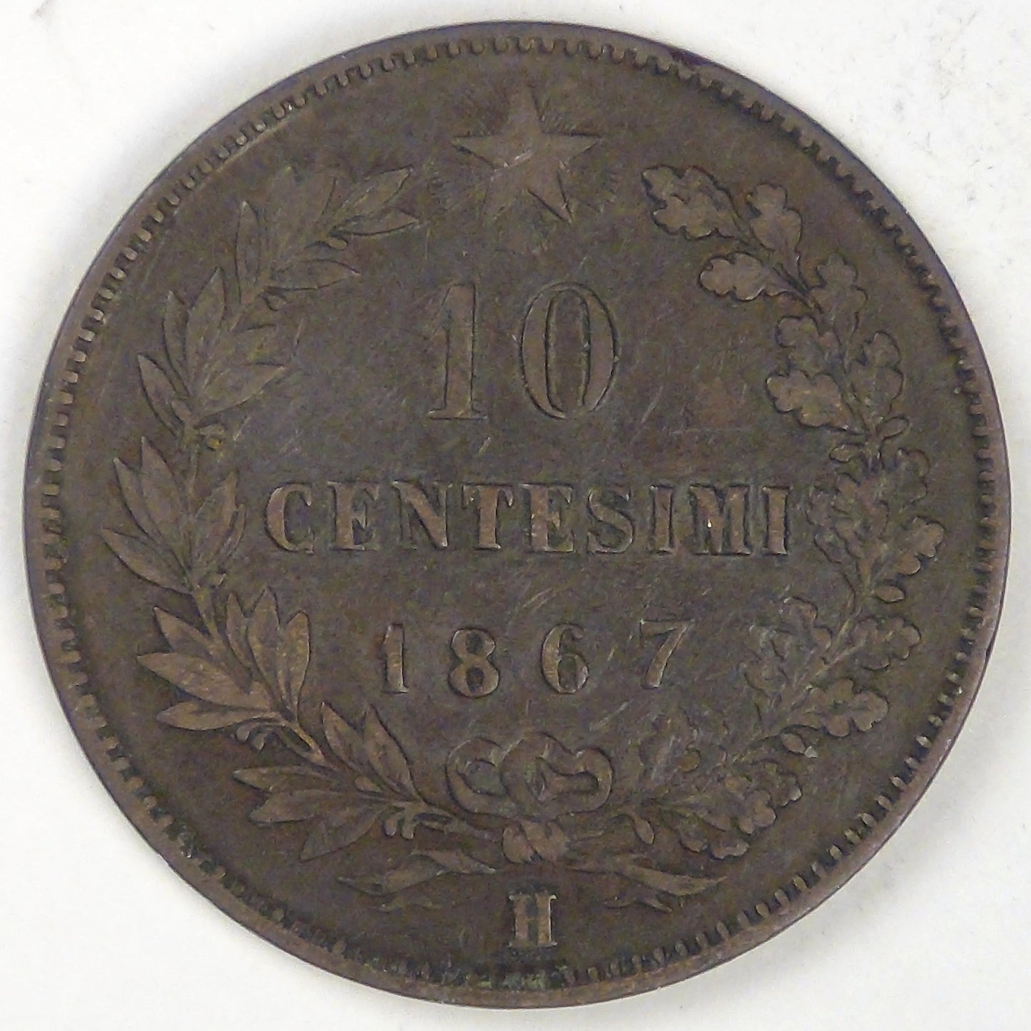 ITALY - Kingdom, Vittorio Emmanuel II, 1867 H, 10 Centesimi, Very Fine