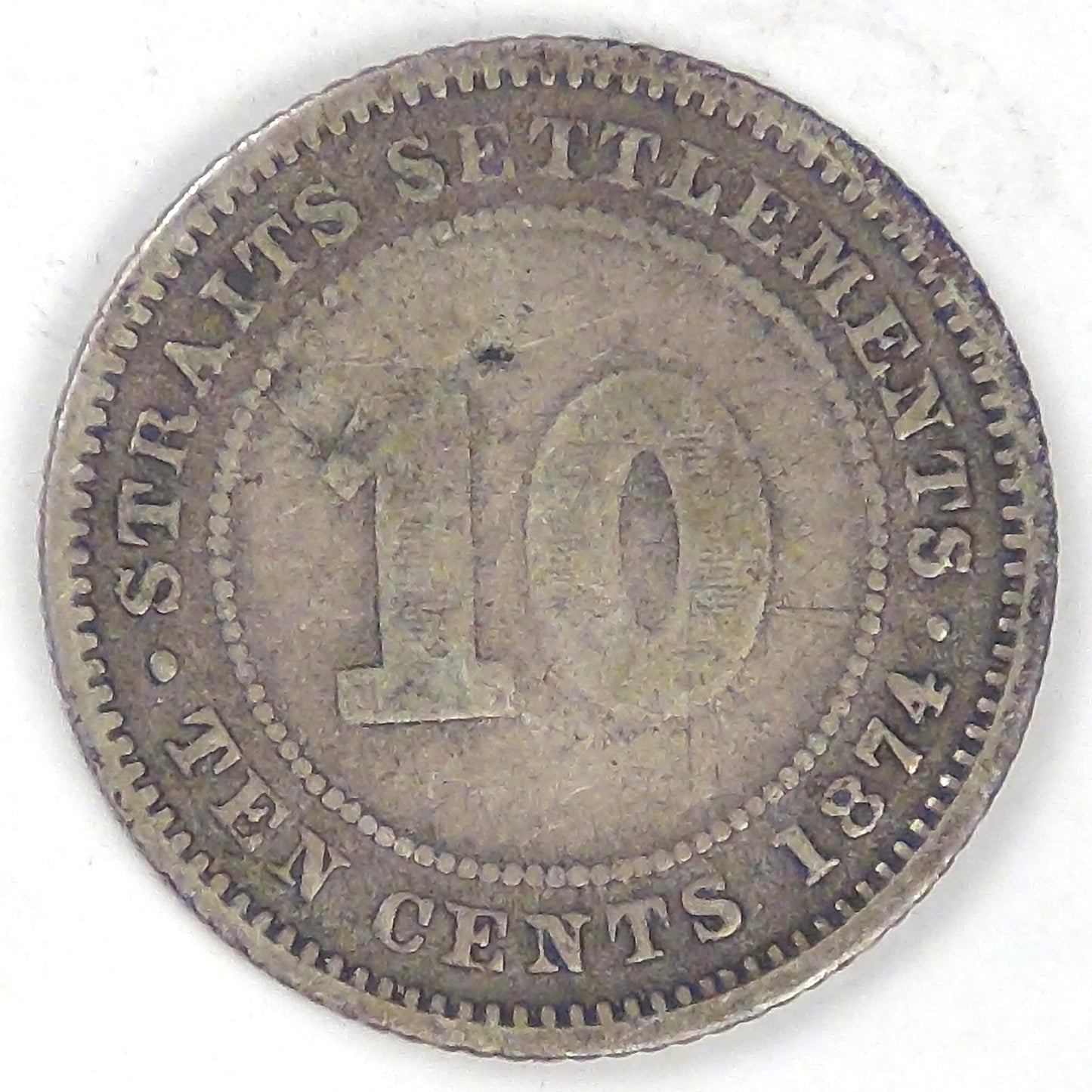 STRAITS SETTLEMENTS - British Colony, Victoria, 1874 H, 10 Cents, Very Good