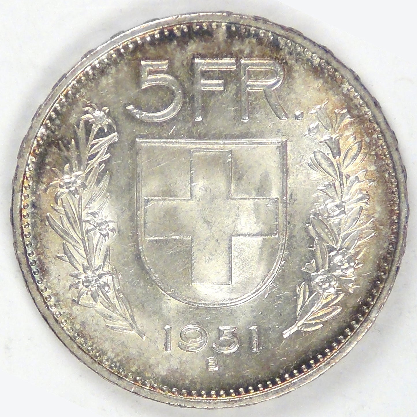 SWITZERLAND, 1951 B, 5 Francs, Choice AU