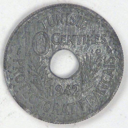 TUNISIA - French Protectorate, Ahmad II, AH1361-1942, 10 Centimes, Almost Uncirculated