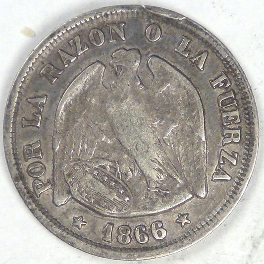 CHILE - Republic, 1866, 20 Centavos, about Very Fine