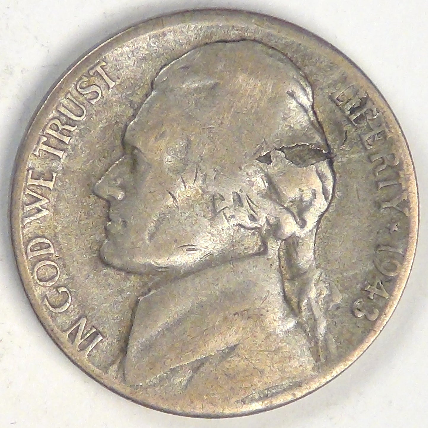 1943-S Silver Jefferson Nickel, Error: Obverse Lamination, F-12