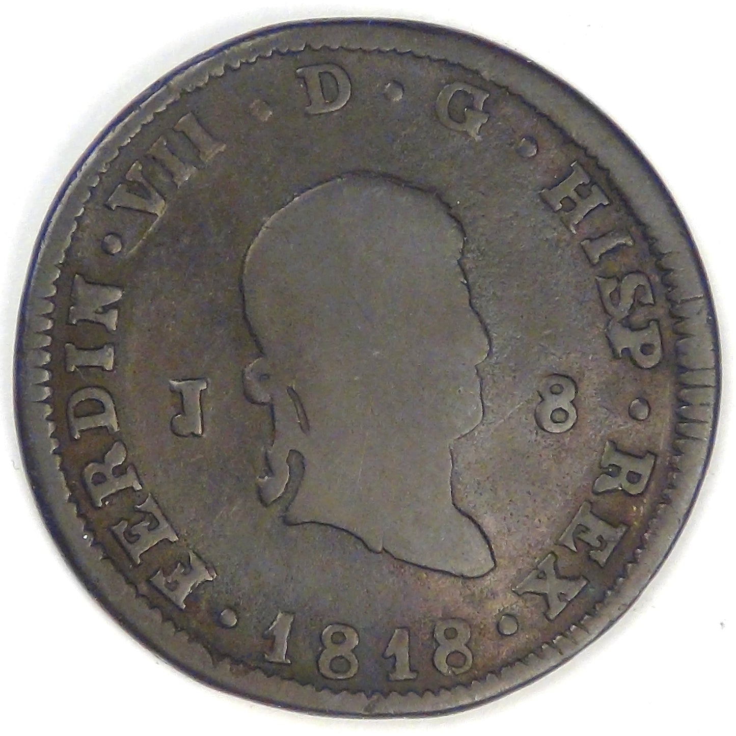SPAIN - Kingdom, Ferdinand VII, 1818 J, 8 Maravedis, about Very Good