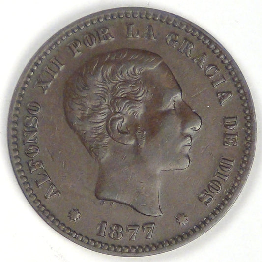 SPAIN - Kingdom, Alfonso XII, 1877 OM, 5 Centesimos, Choice Very Fine