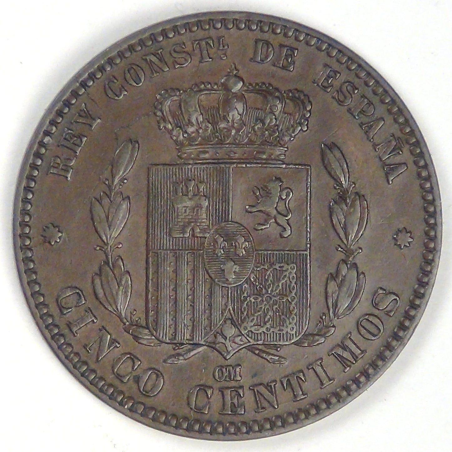 SPAIN - Kingdom, Alfonso XII, 1877 OM, 5 Centesimos, Choice Very Fine