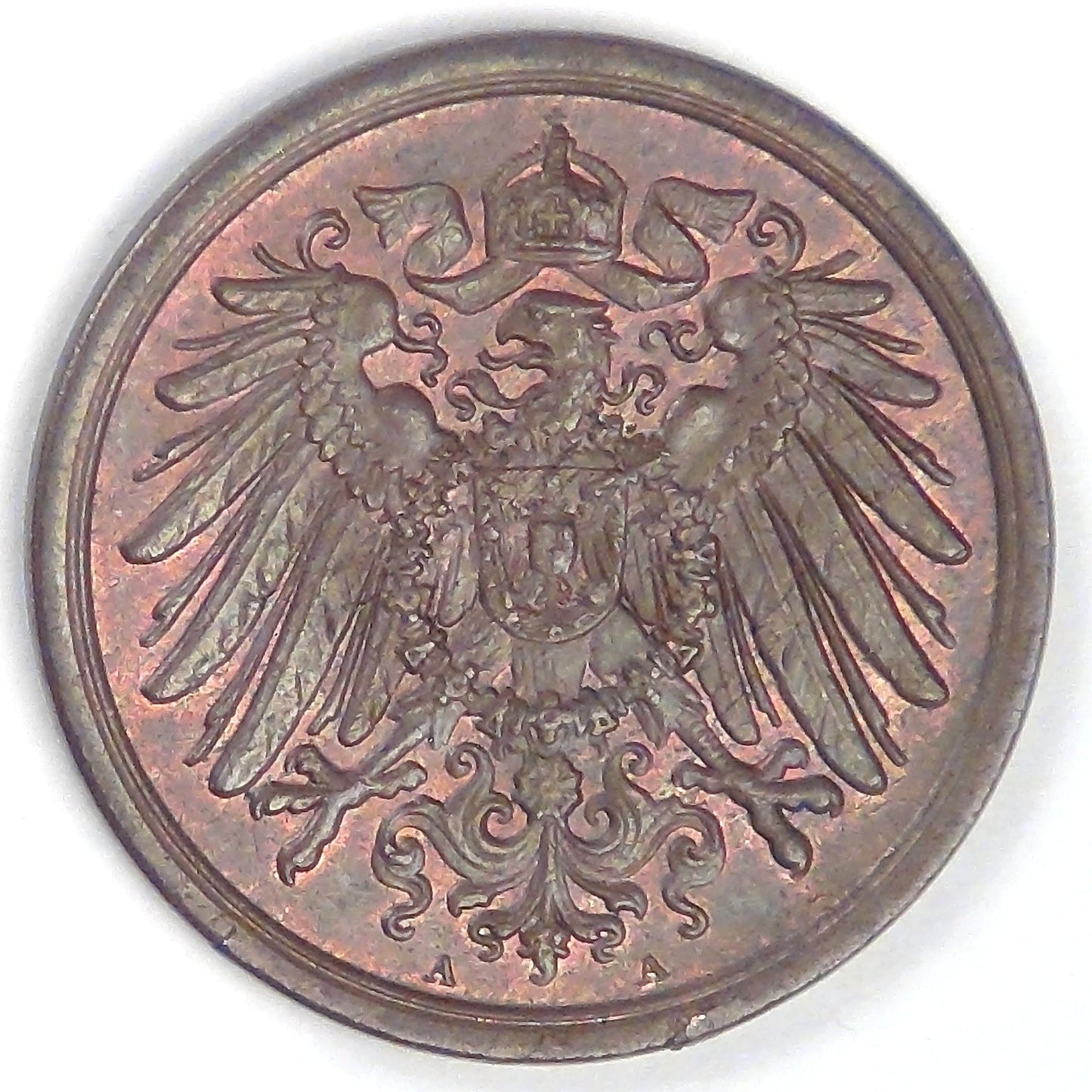 GERMANY - Empire, Wilhelm II, 1908 A, 2 Pfennig, Almost Uncirculated