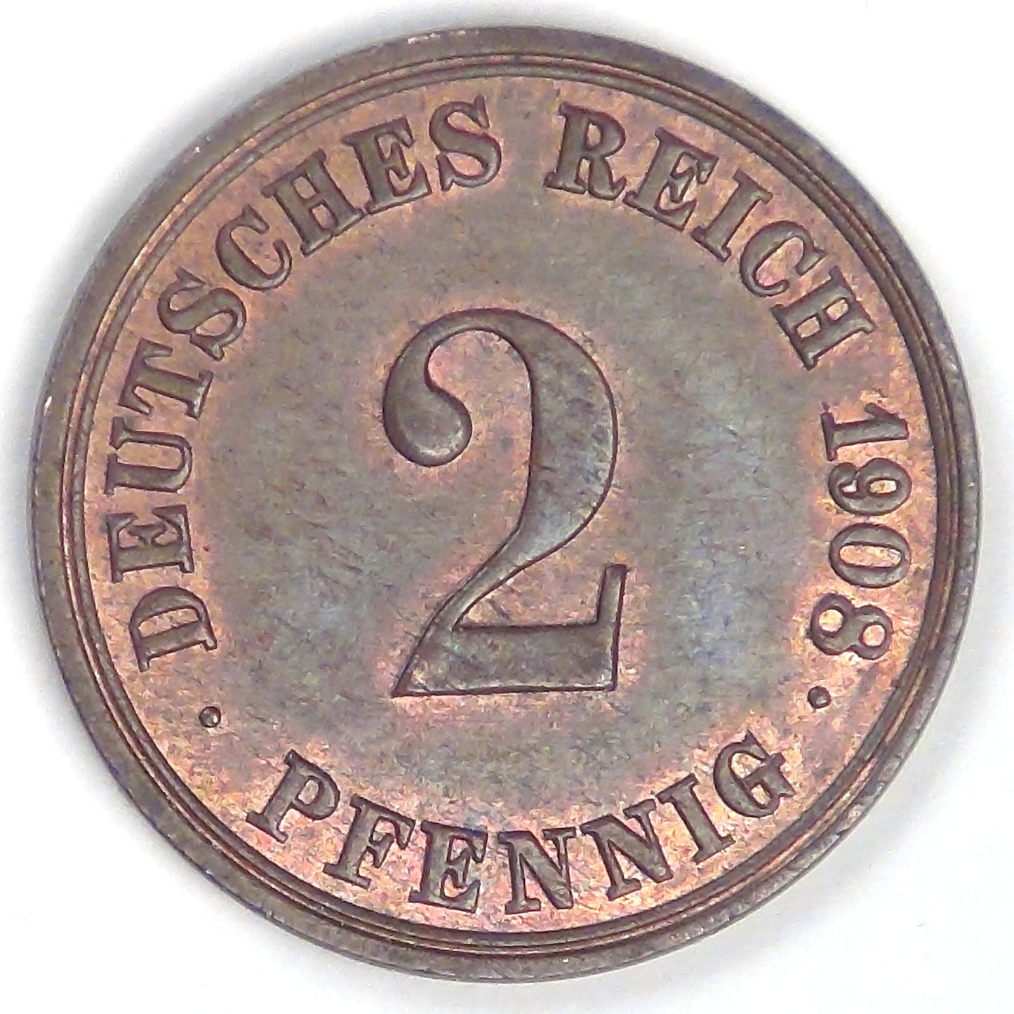 GERMANY - Empire, Wilhelm II, 1908 A, 2 Pfennig, Almost Uncirculated