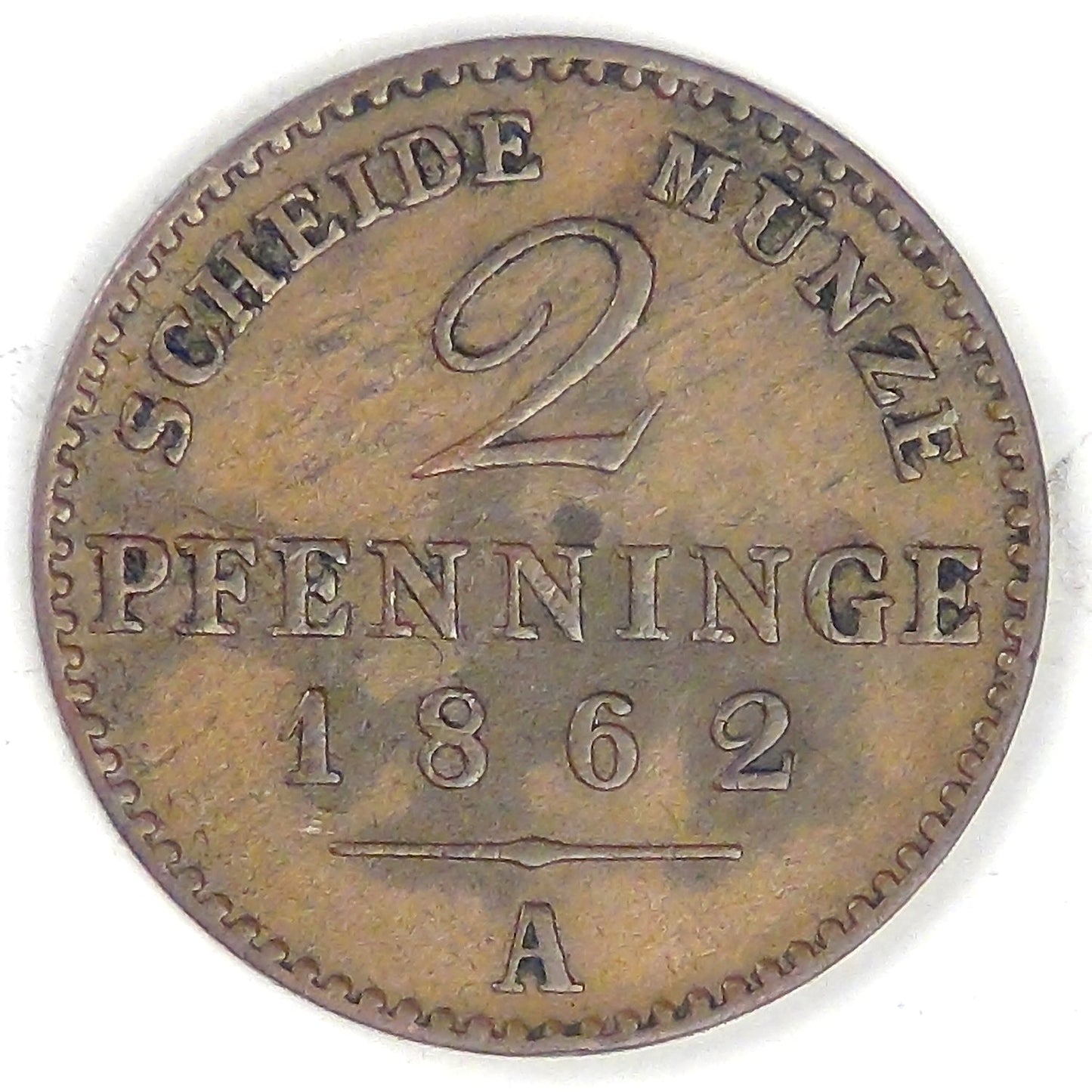 GERMANY - Prussia, Wilhelm I, 1862 A, 2 Pfennige, Very Fine