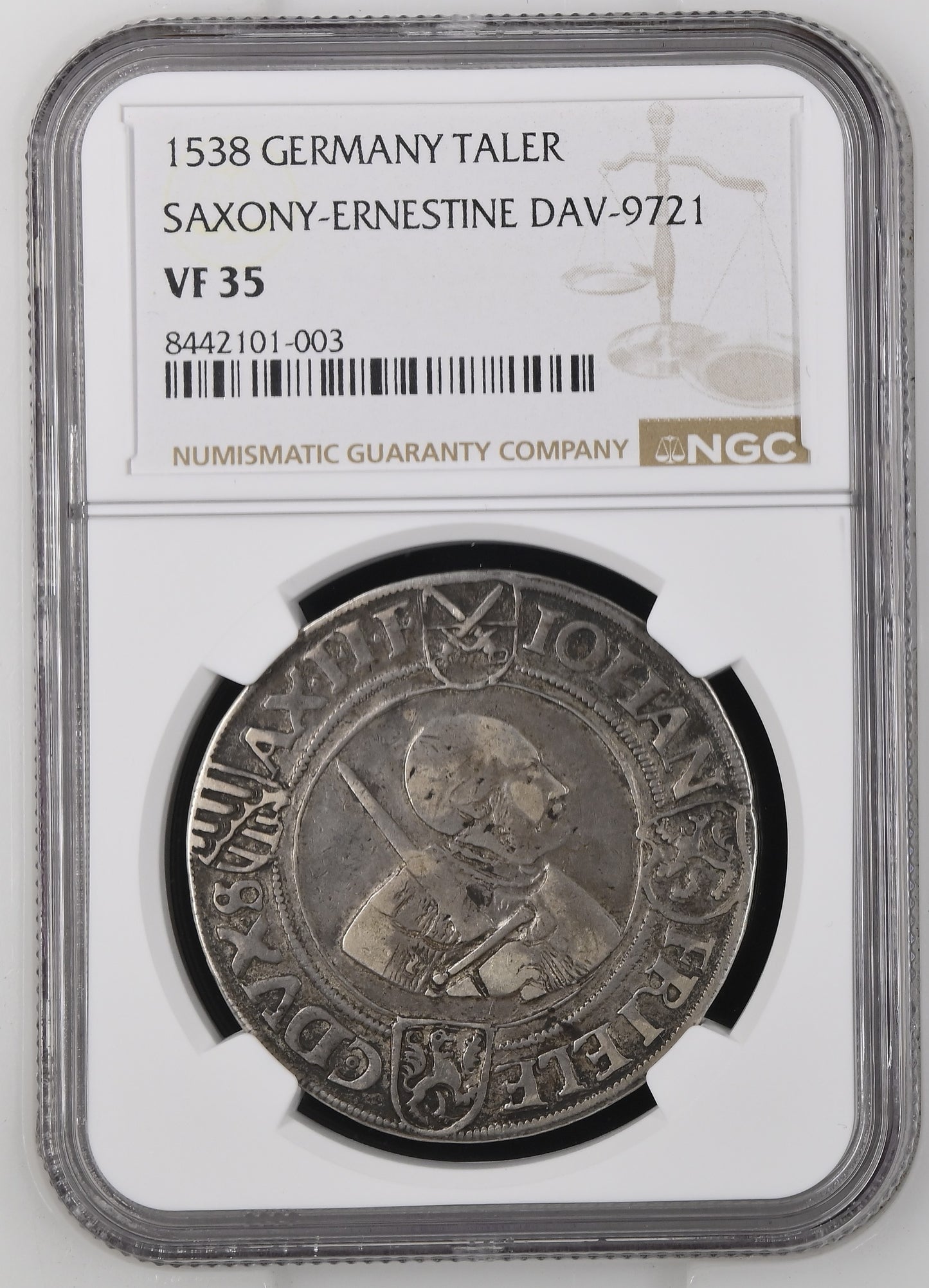 GERMANY - Electorate of Saxony, Johann Friedrich I, 1538 Thaler, VF-35 NGC