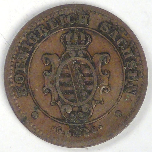 GERMANY - Kingdom of Saxony, Johann I, 1864 B, 2 Pfennige, Choice VF