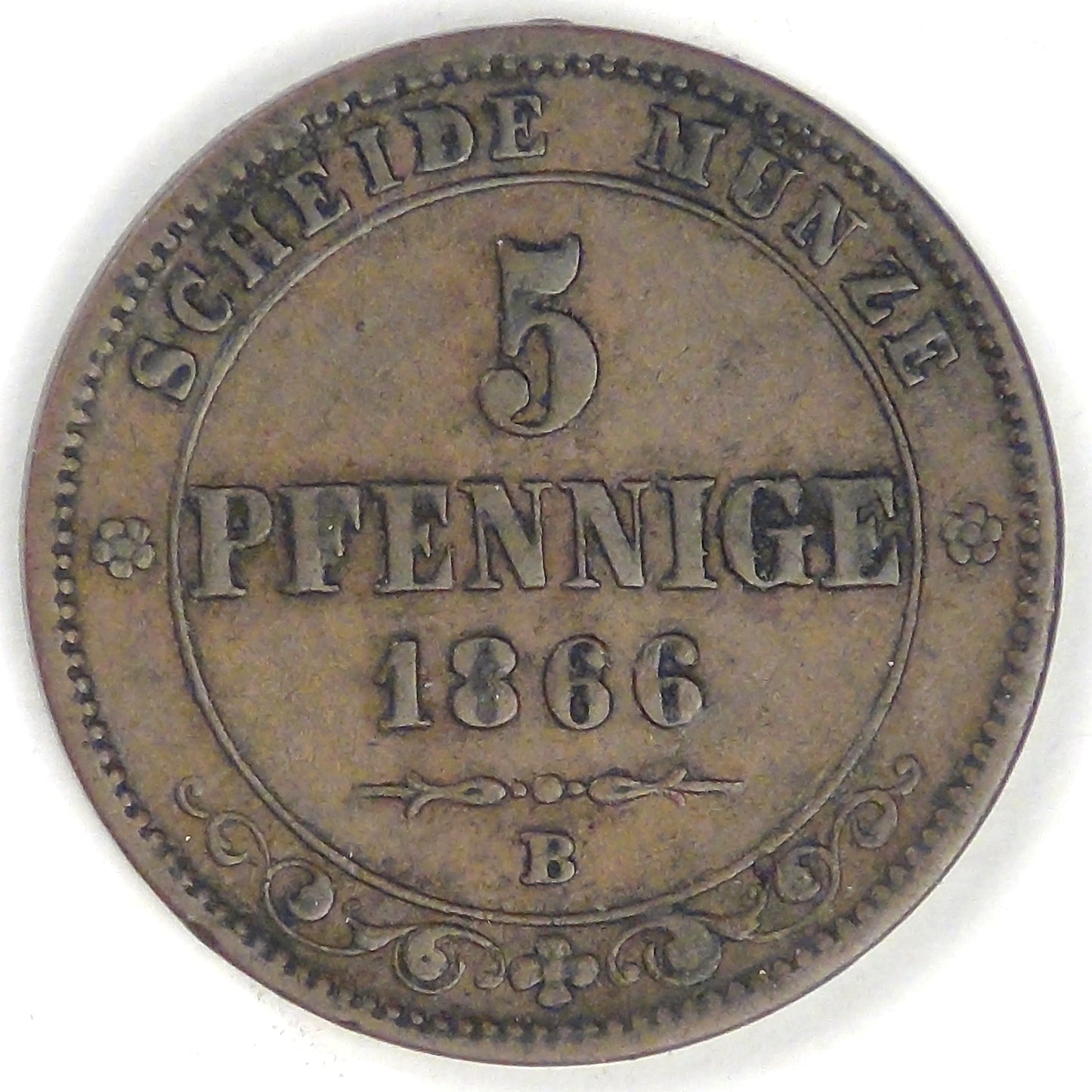 GERMANY - Kingdom of Saxony, Johann I, 1866 B, 5 Pfennige, Very Fine