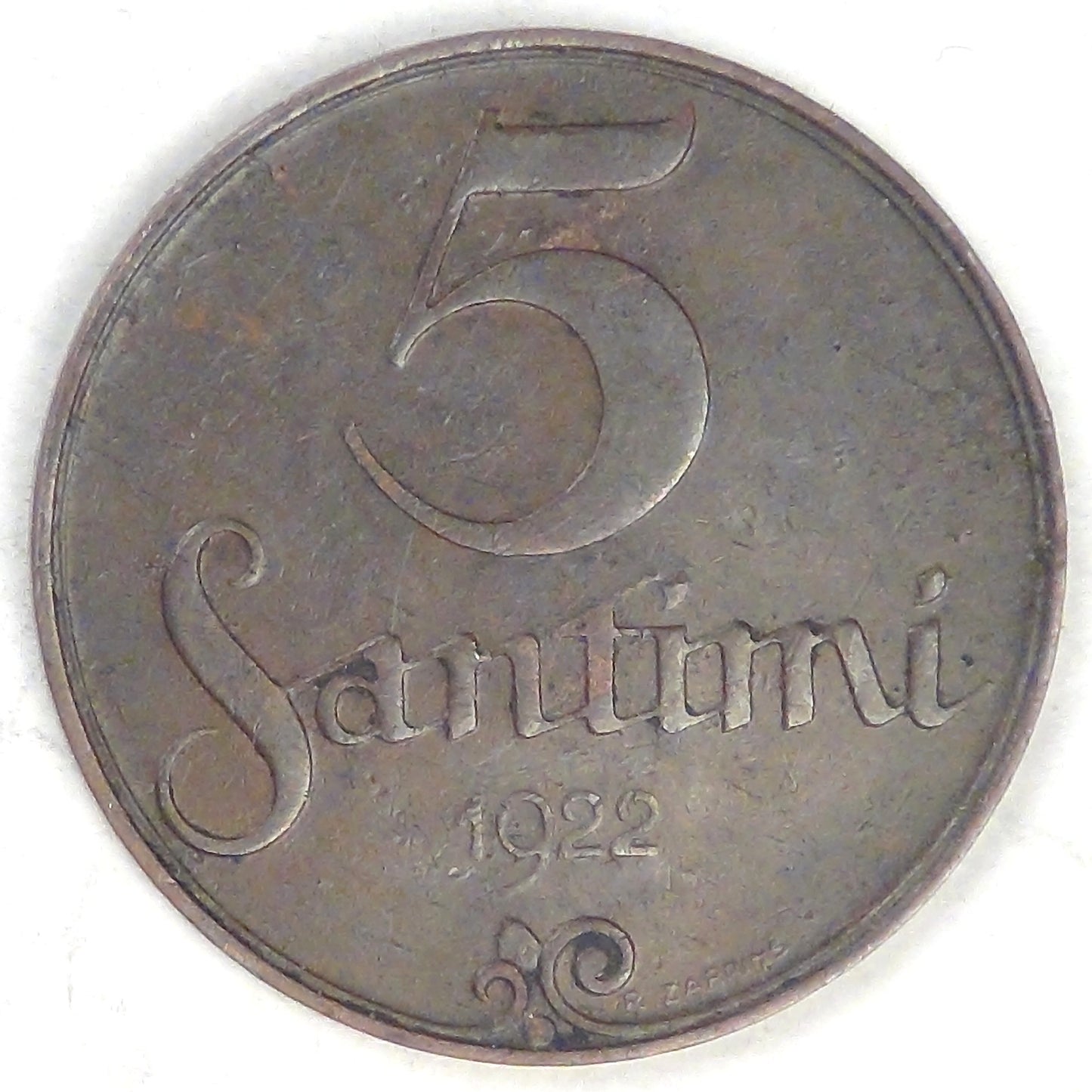 LATVIA - Republic, 1922, 5 Santimi, Extra Fine