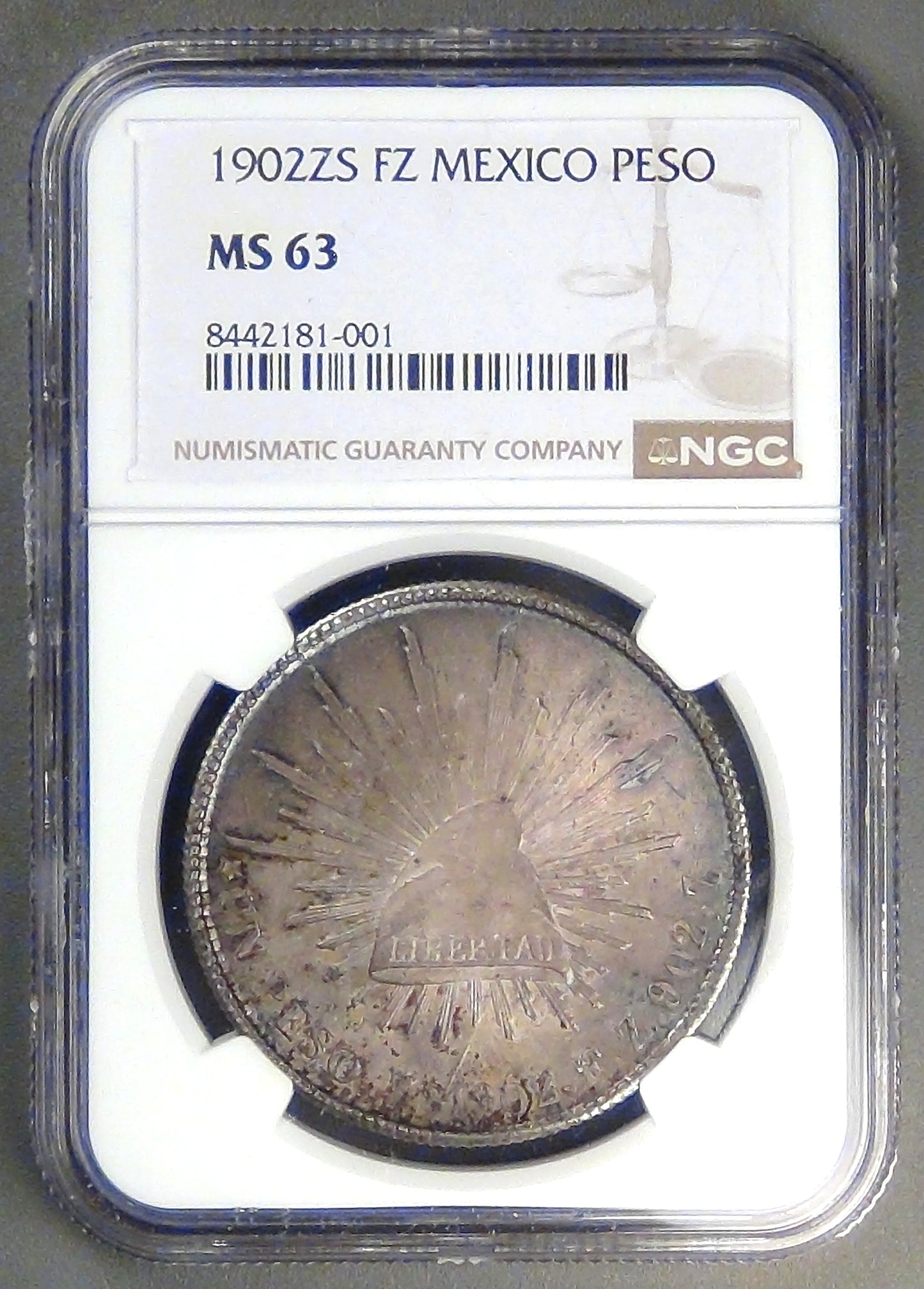 MEXICO - 2nd Republic, 1902 Zs FZ, Peso, MS-63 NGC color