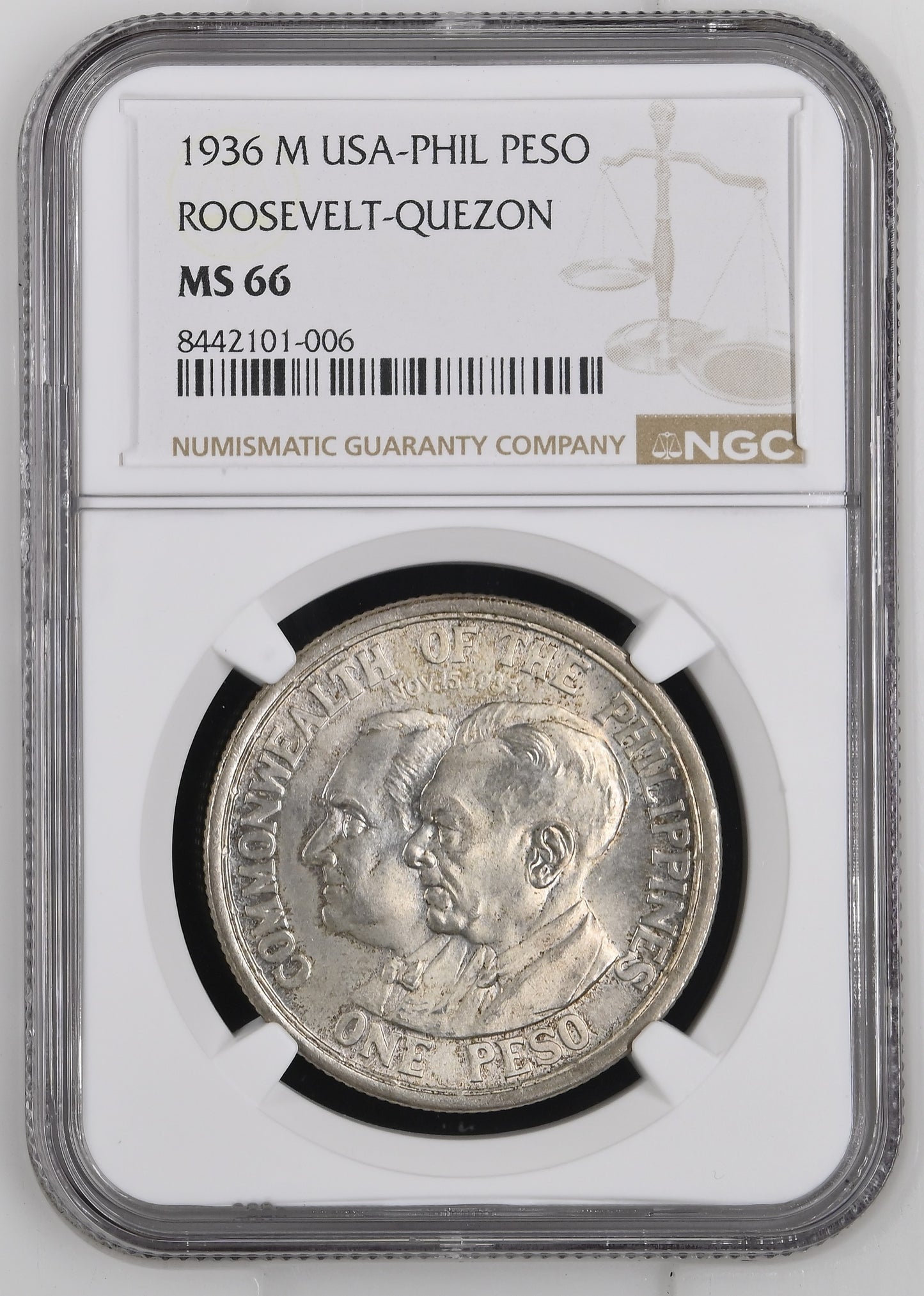 PHILIPPINES- U.S Commonwealth, 1936 M, Peso, MS-66 NGC