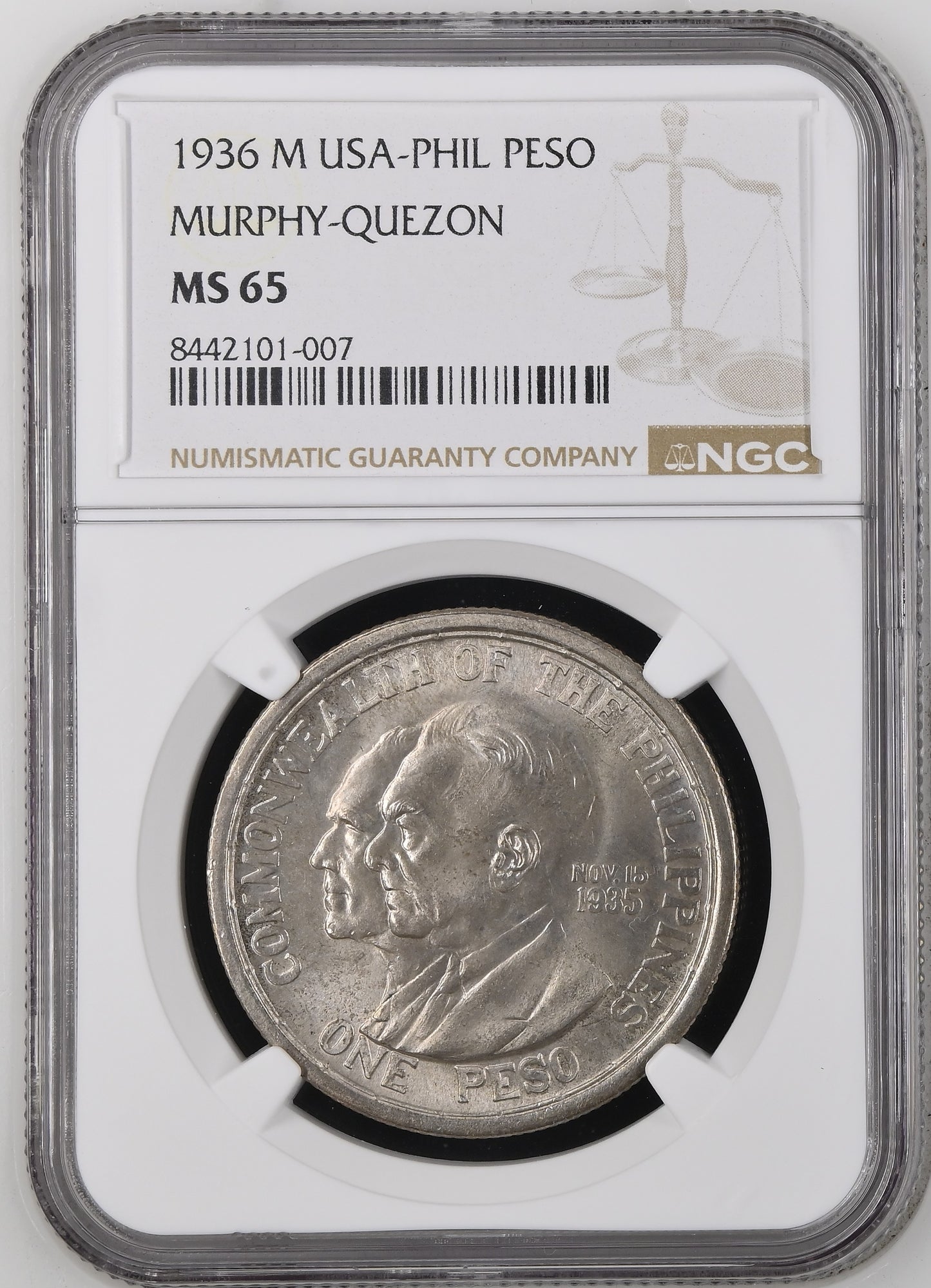 PHILIPPINES- U.S Commonwealth, 1936 M, Peso, MS-65 NGC
